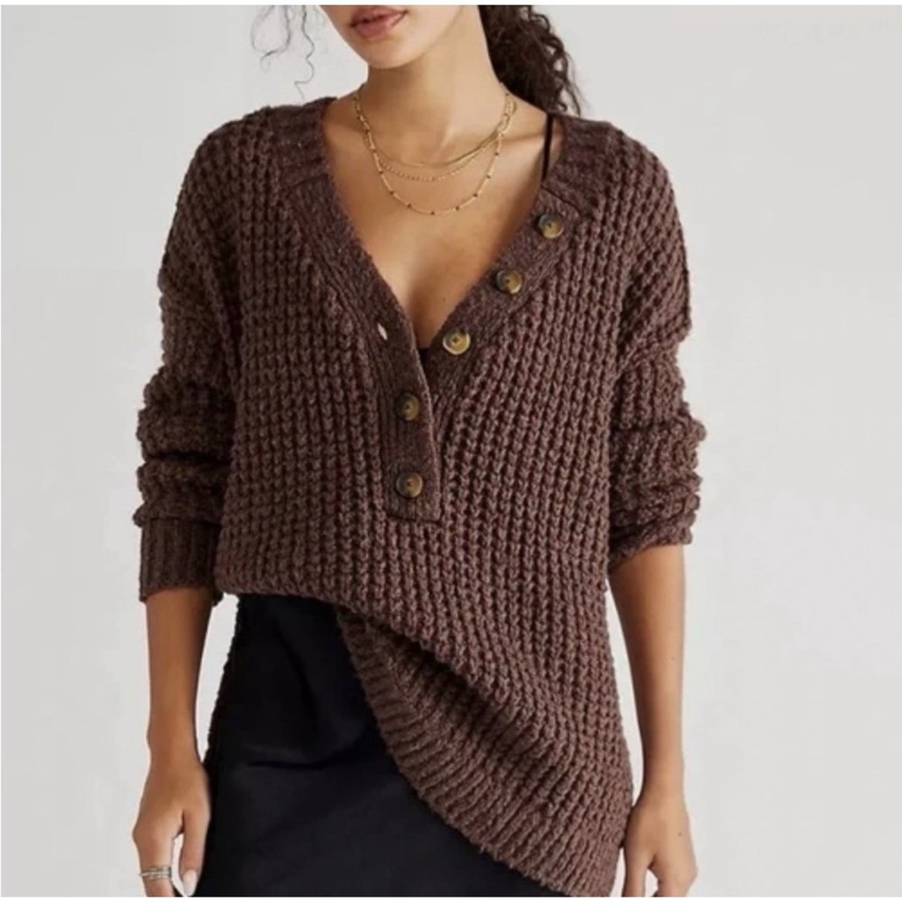 Free People Whistle Thermal Henley Sweater Brownstone Combo S Oversized Boho - Picture 1 of 8